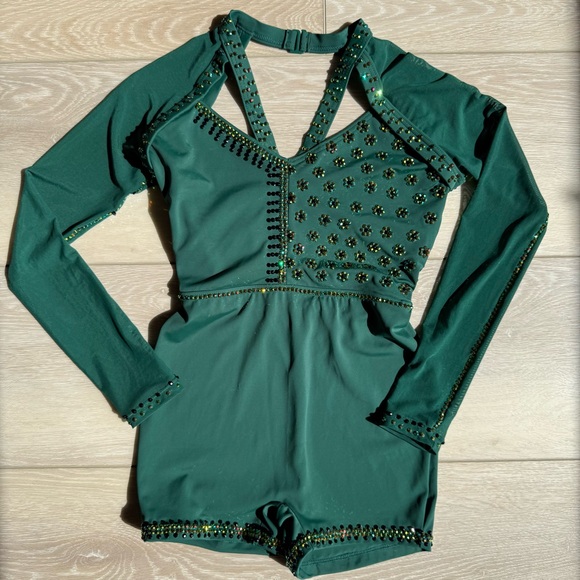 SALE! Custom Rhinestone Dance Costume Green Child Large - Picture 1 of 17